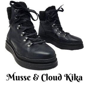 Musse & Cloud Kika Black Leather Ankle Boots Womens Sz 10 Faux Sherpa